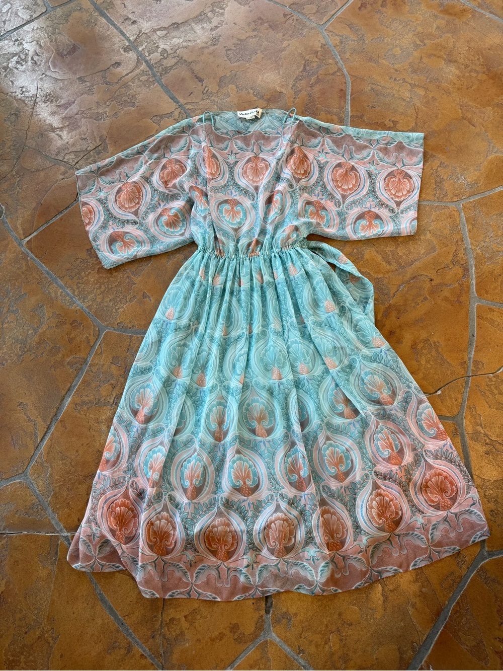 Vintage Victor Costa Paisley Midi Dress Teal Pink Chiffon Slip Dress